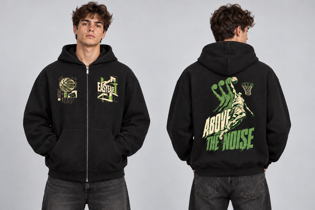 Above The Noise Oversized Zipper Hoodie, Vorder- und Rückansicht am Model
