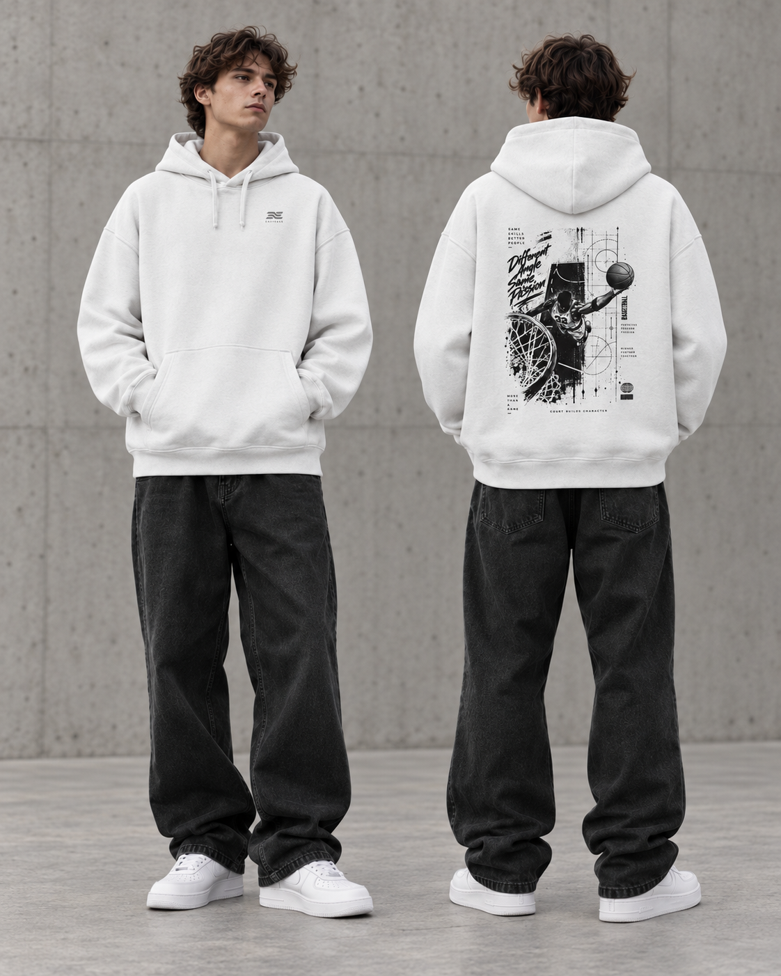 Different Basketball Oversized Hoodie Model Vorder- und Rückansicht