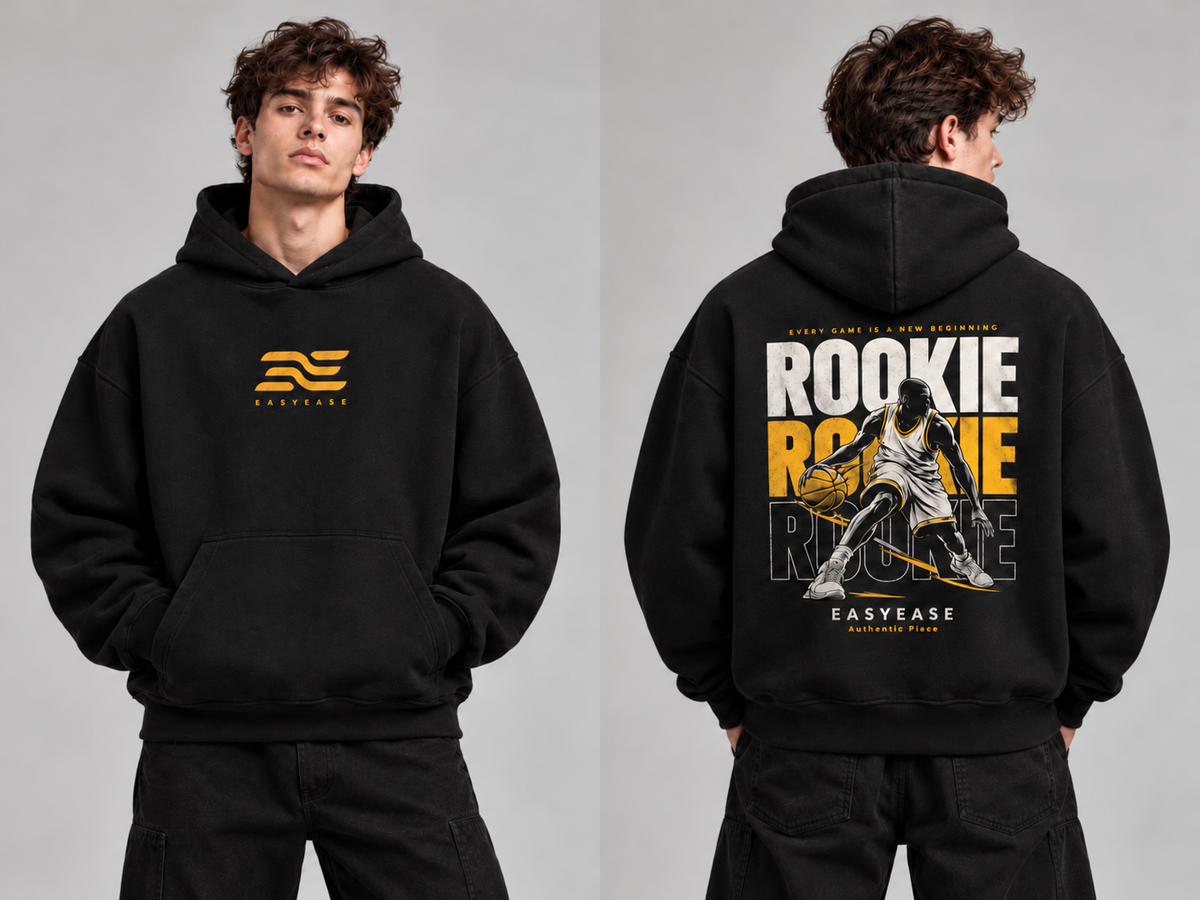 EASYEASE Rookie Box-Fit Hoodie – Vorder- und Rückansicht, Authentic Piece