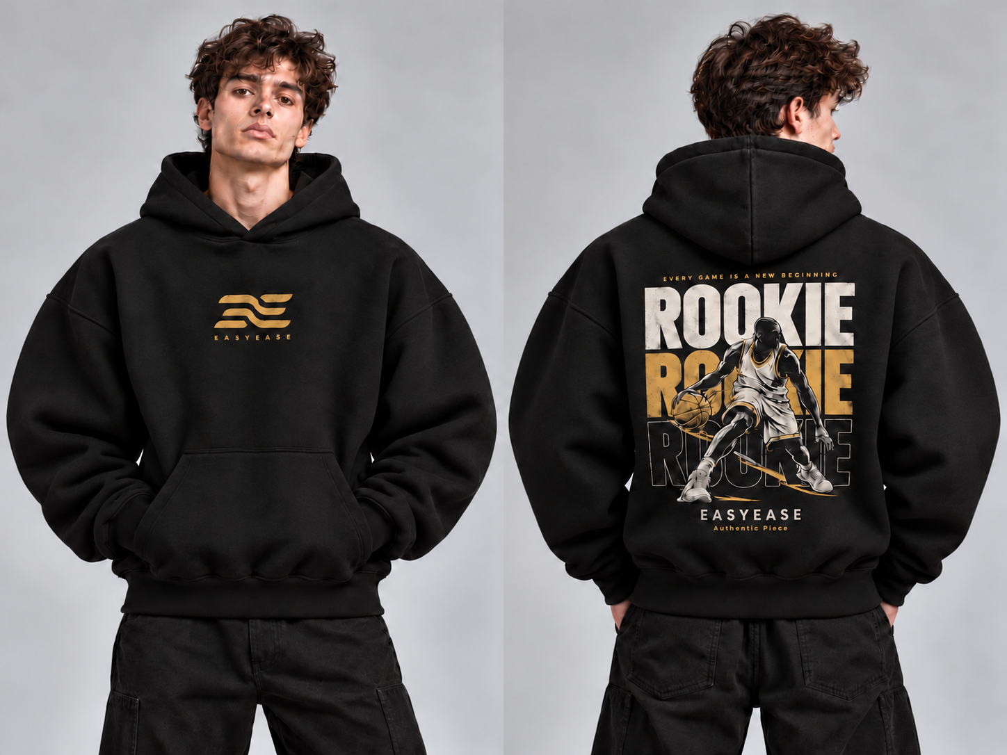 EASYEASE Rookie Box-Fit Hoodie – Model Vorder- und Rückansicht mit engem Bund und mattem Golddruck