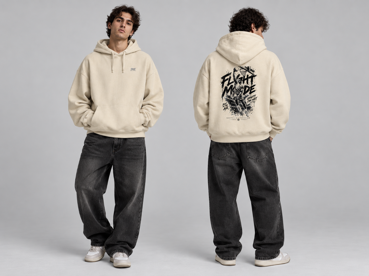 EASYEASE Flight Mode Basketball Oversized Hoodie – Model Vorder- und Rückansicht