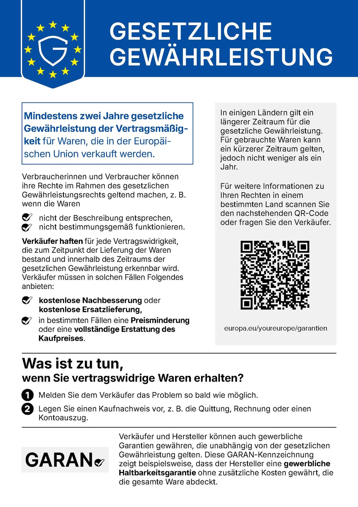 Gesetzliche Gewährleistung – vollständige EU-Mitteilung über Rechte bei mangelhaften Waren