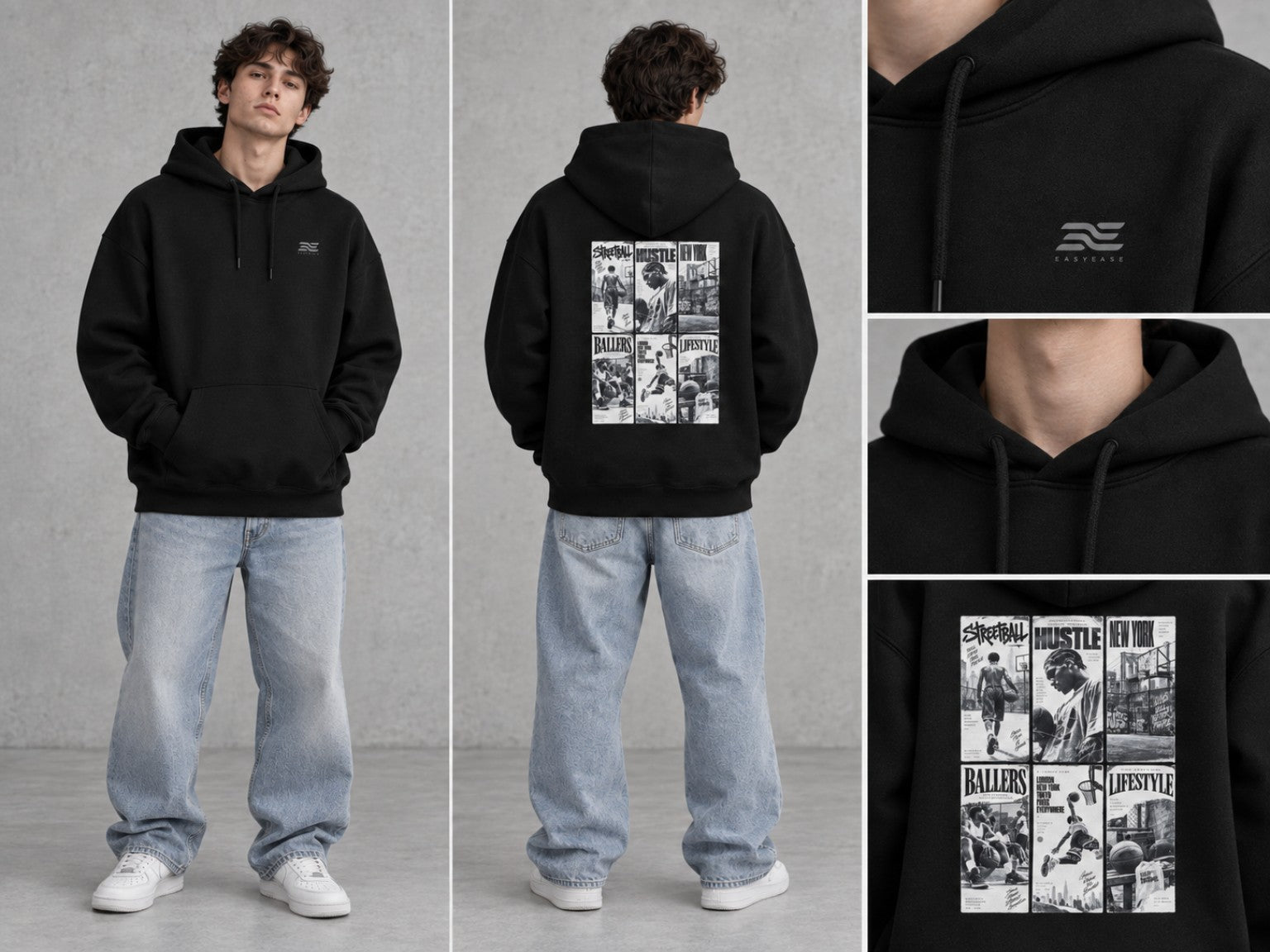 EASYEASE Hustle Basketball Oversized Hoodie – Detail und Backprint