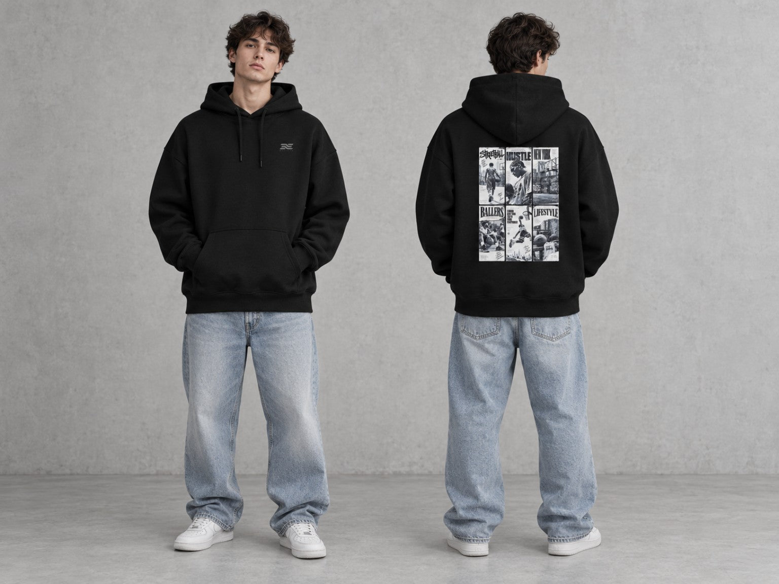 EASYEASE Hustle Basketball Oversized Hoodie – Model Vorder- und Rückansicht