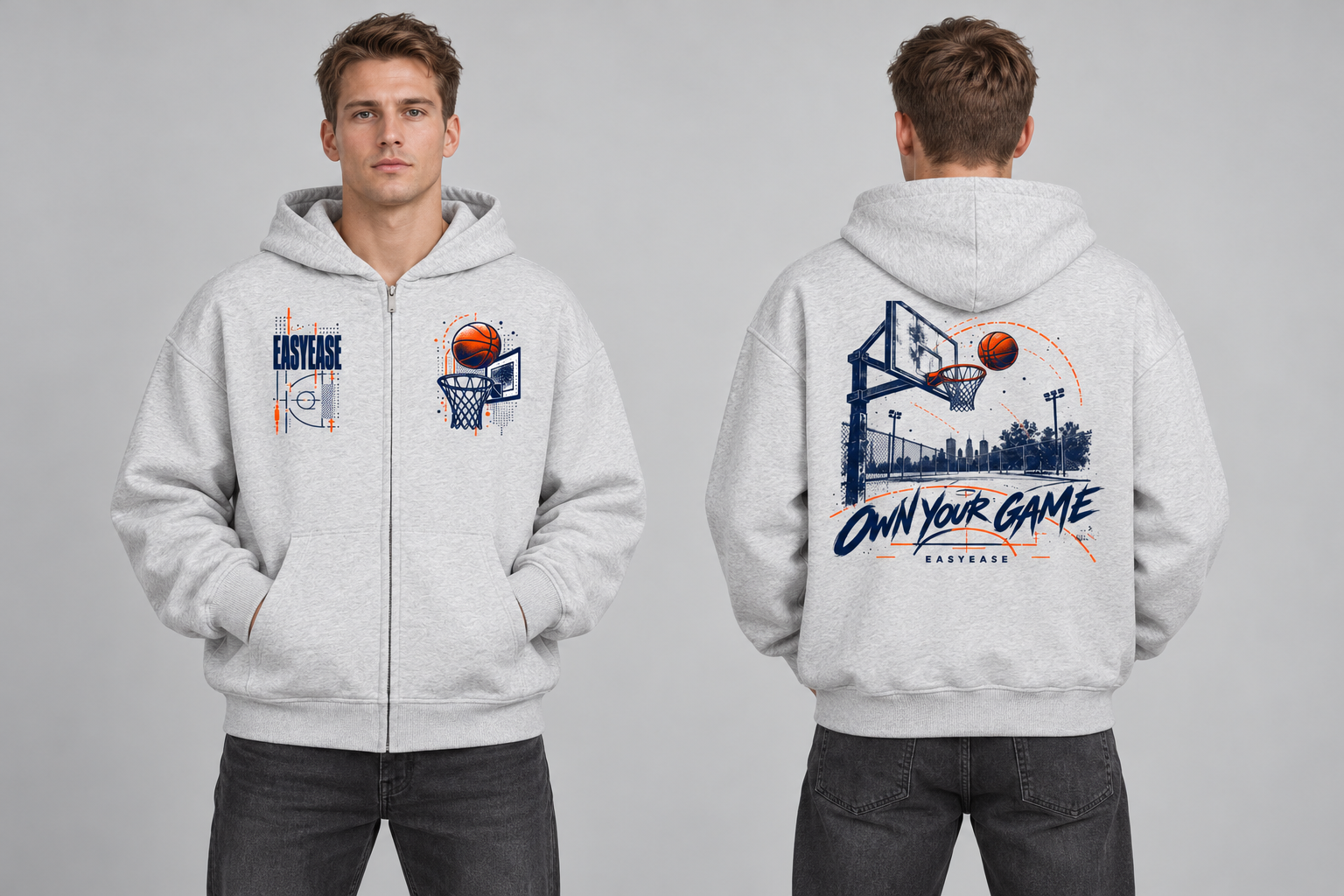 Own Your Game Oversized Zipper Hoodie, Vorder- und Rückansicht am Model