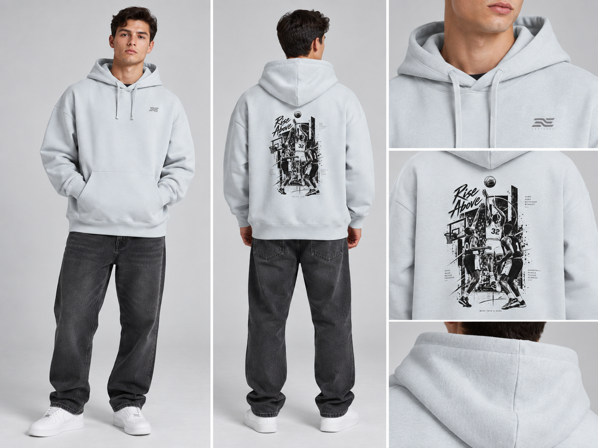 EASYEASE Rise Above Basketball Oversized Hoodie – Detail und Backprint