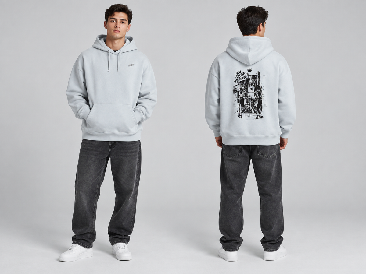 EASYEASE Rise Above Basketball Oversized Hoodie – Model Vorder- und Rückansicht