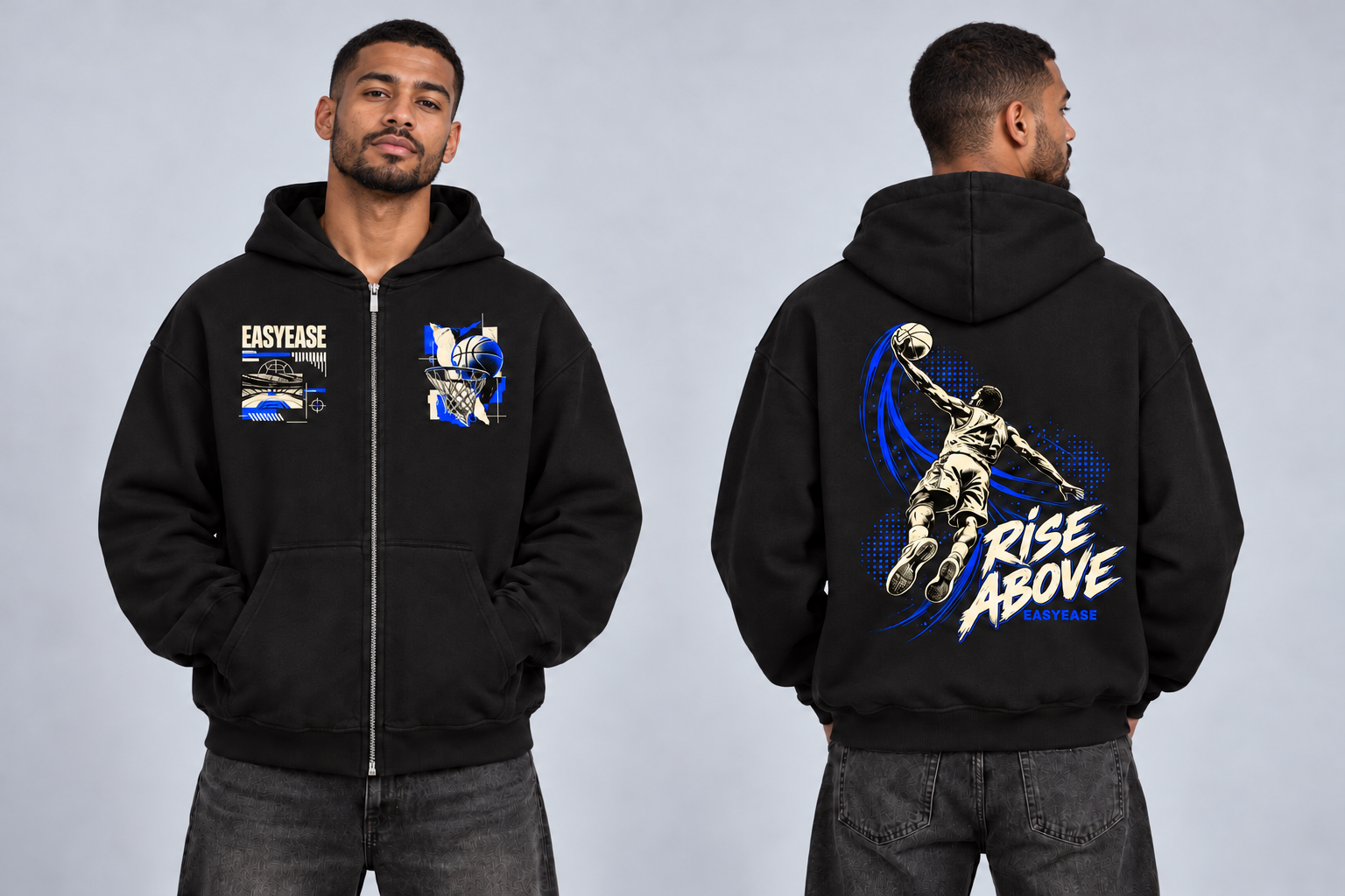 Rise Above Oversized Zipper Hoodie, Vorder- und Rückansicht am Model