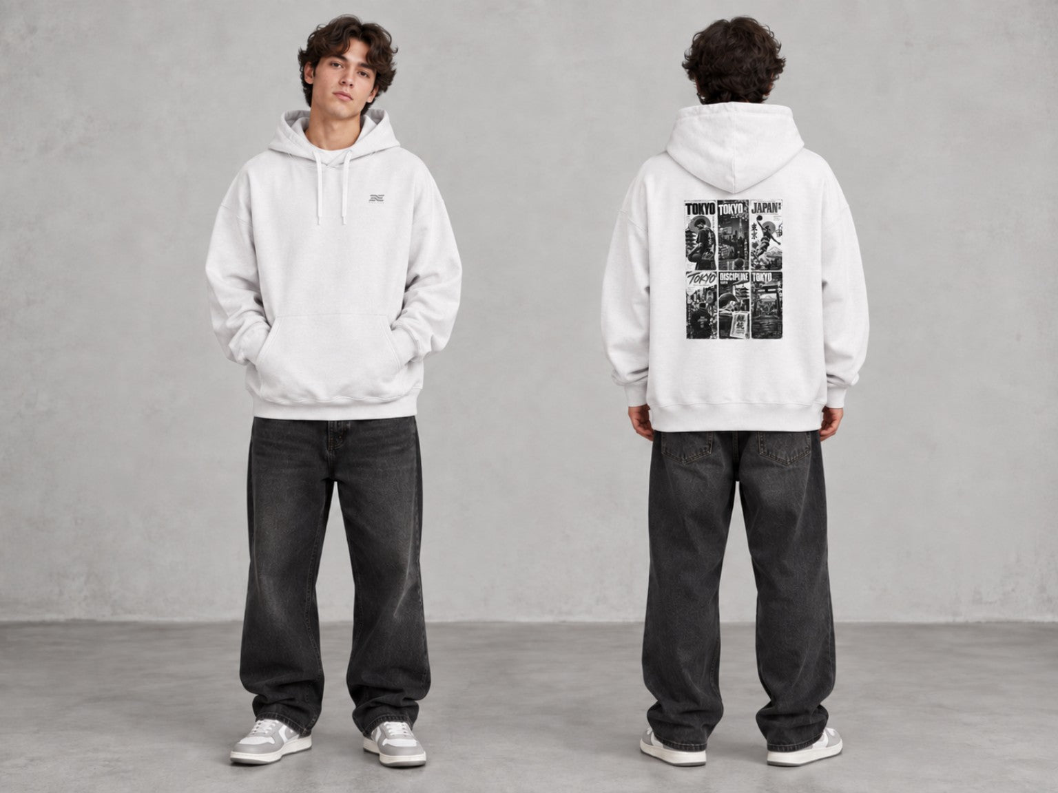 Tokyo Basketball Oversized Hoodie Model Vorder- und Rückansicht